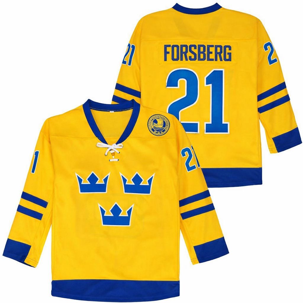 Custom Throwback Forsberg #21 Lundqvist #30 Sweden Ice Hockey Jersey Yellow/Blue Stitched