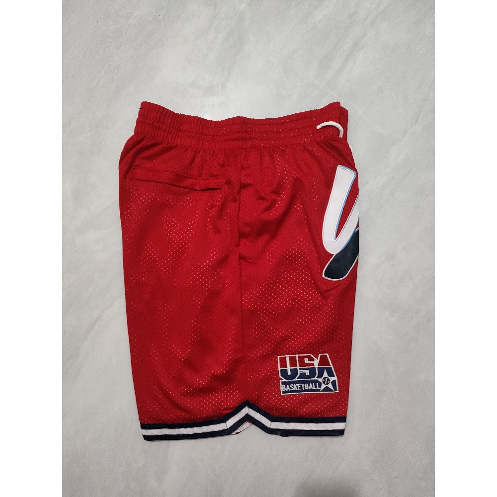 Throwback USA Dream Basketball Shorts Sports Pants with Zip Pockets Red