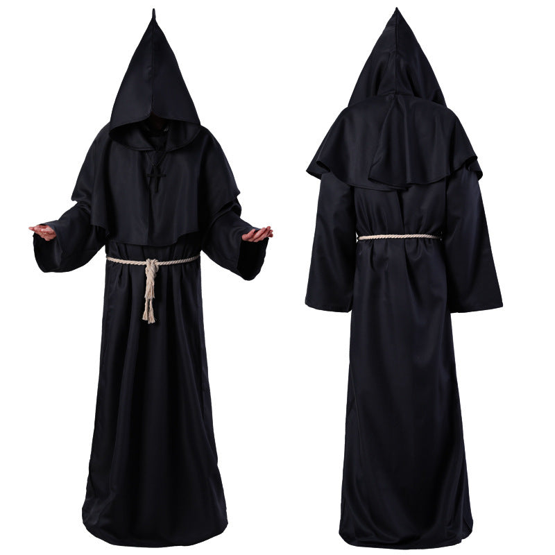 Men Medieval Friar Hooded Robe Monk Cross Necklace Renaissance Halloween Costume
