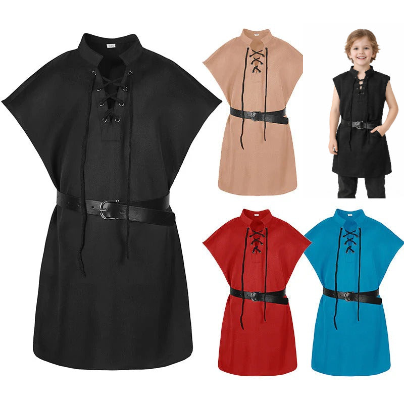 Kids Renaissance Pirate T-shirt Medieval Sleeveless Lace-up Costume Scottish Vest