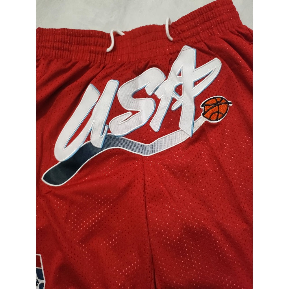 Throwback USA Dream Basketball Shorts Sports Pants with Zip Pockets Red