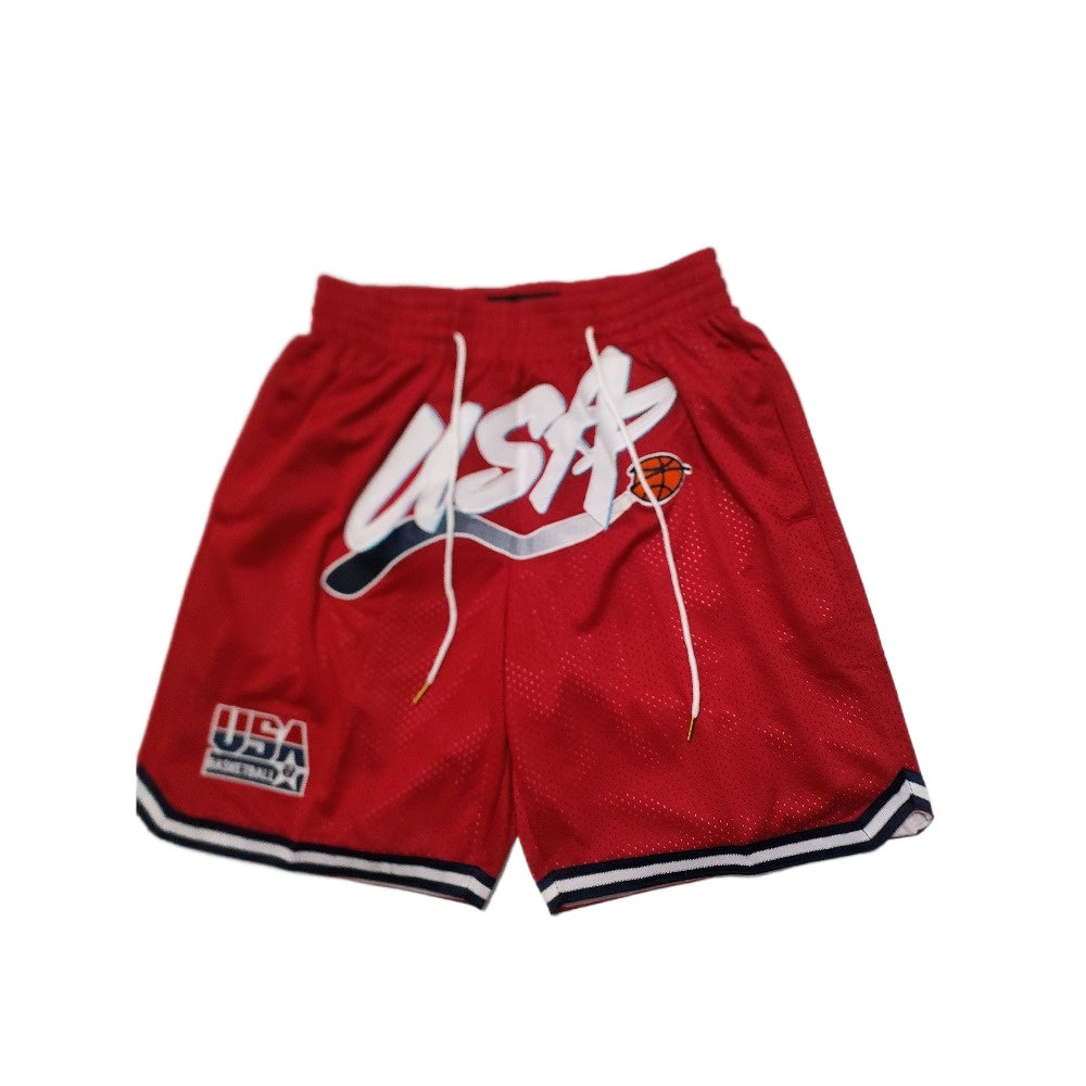 Throwback USA Dream Basketball Shorts Sports Pants with Zip Pockets Red