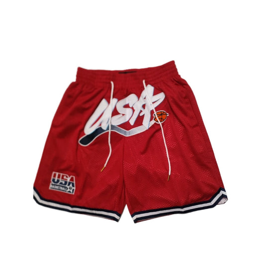 Throwback USA Dream Basketball Shorts Sports Pants with Zip Pockets Red