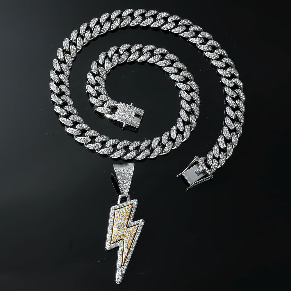 Hip-hop Wind Alloy Full Diamond Necklace Lightning Diamond Pendant Cuban Chain Necklace