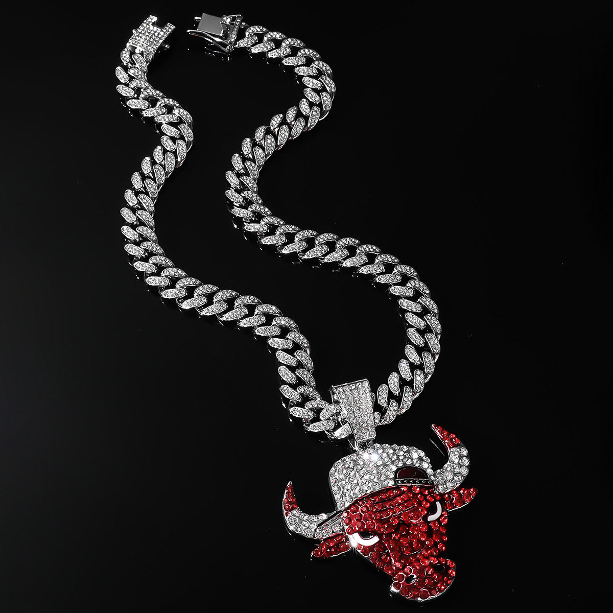 Diamond Red Bulls Punk Cuban Chain Necklace Decorative Pendant