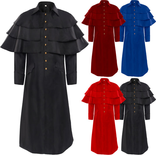 Retro Medieval Priest Uniform Layered Stand-up Collar Button Vintage God Father Costume