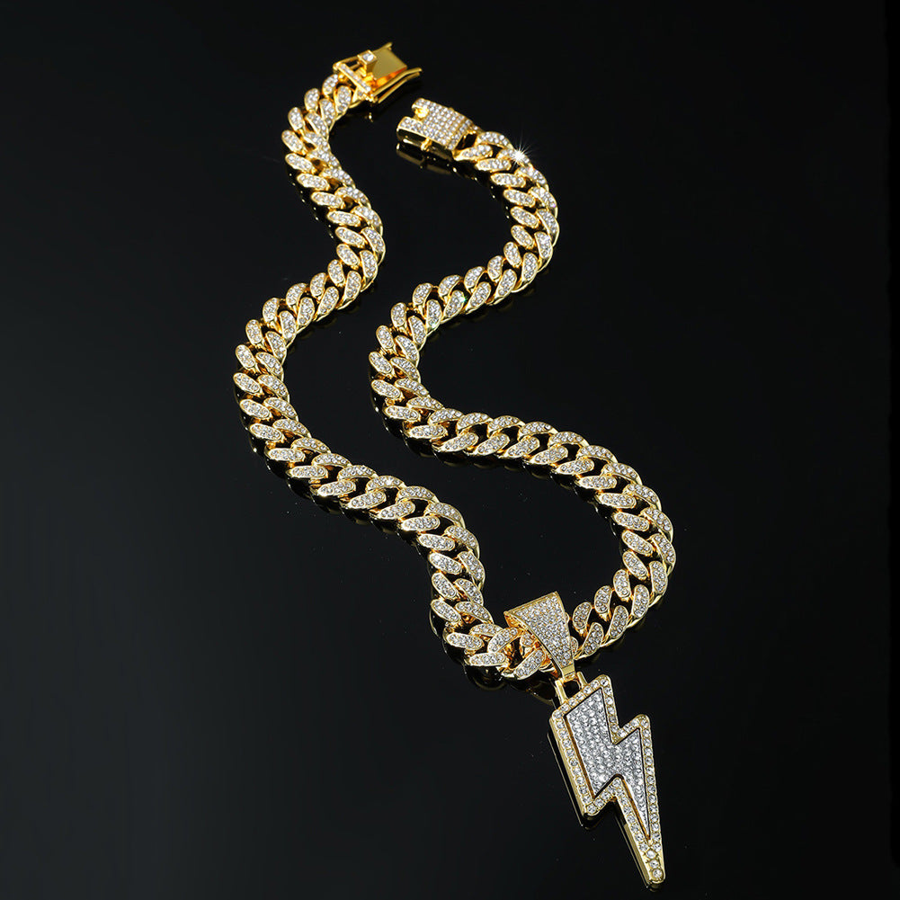 Hip-hop Wind Alloy Full Diamond Necklace Lightning Diamond Pendant Cuban Chain Necklace