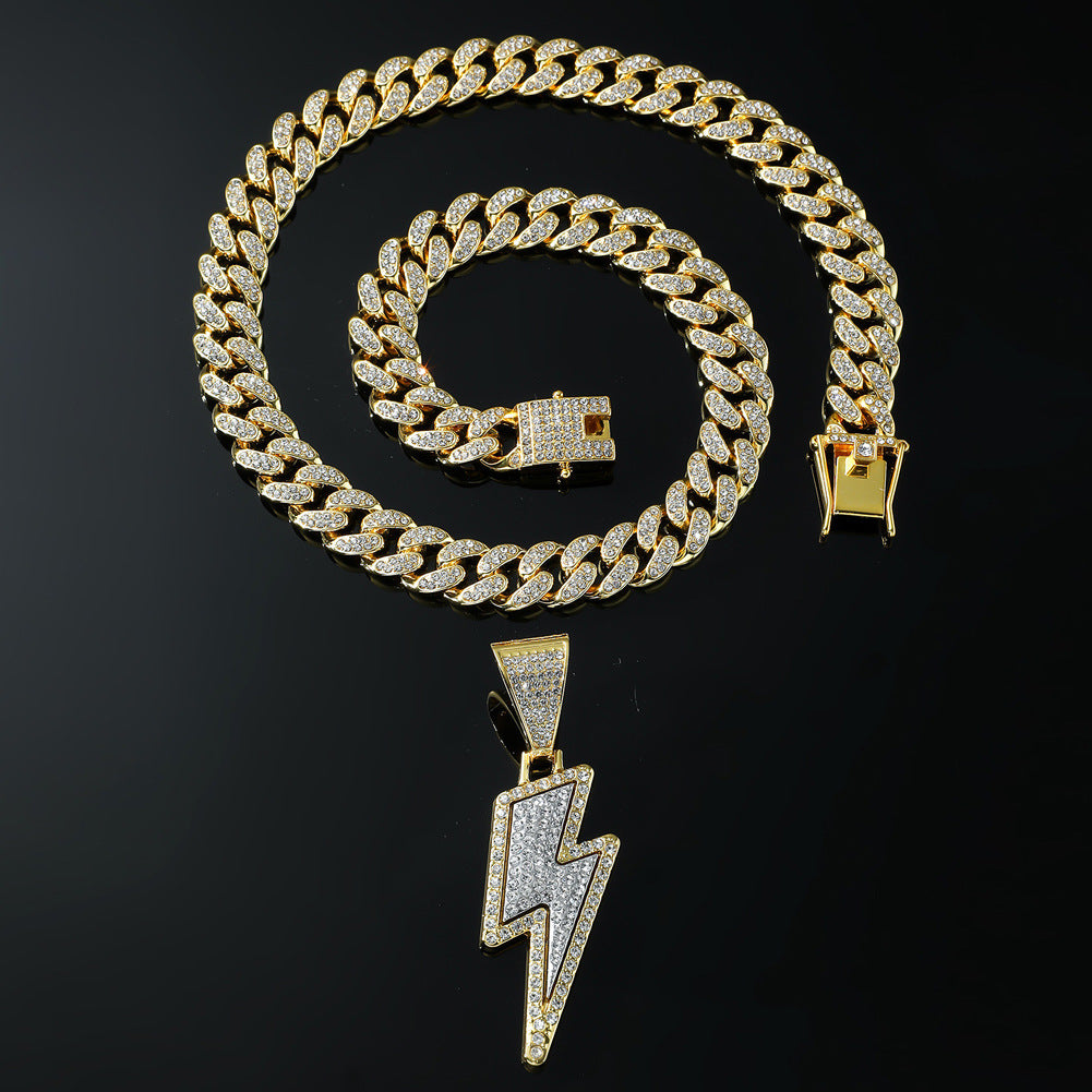 Hip-hop Wind Alloy Full Diamond Necklace Lightning Diamond Pendant Cuban Chain Necklace