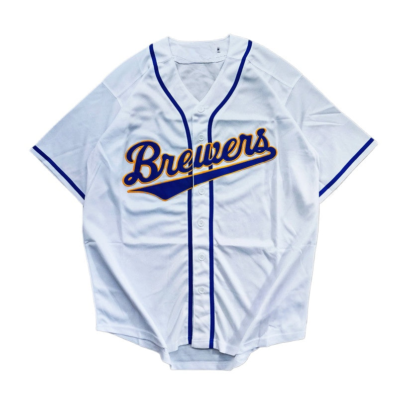 White baseball jersey with 'Brewers' text on a white background