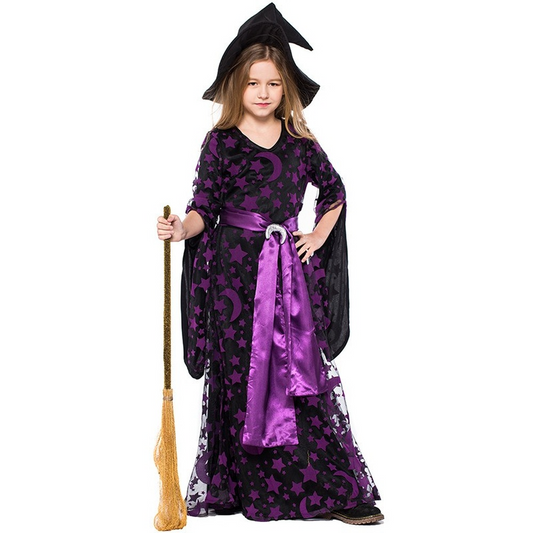 Girls Witch Costume Halloween Party Kids Deluxe Wizard Queen Fancy Dress Outfit