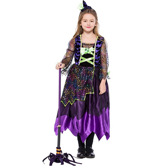 Girls Witch Costume Halloween Party Fancy Dress Kids Wizard Queen Cosplay Outfit